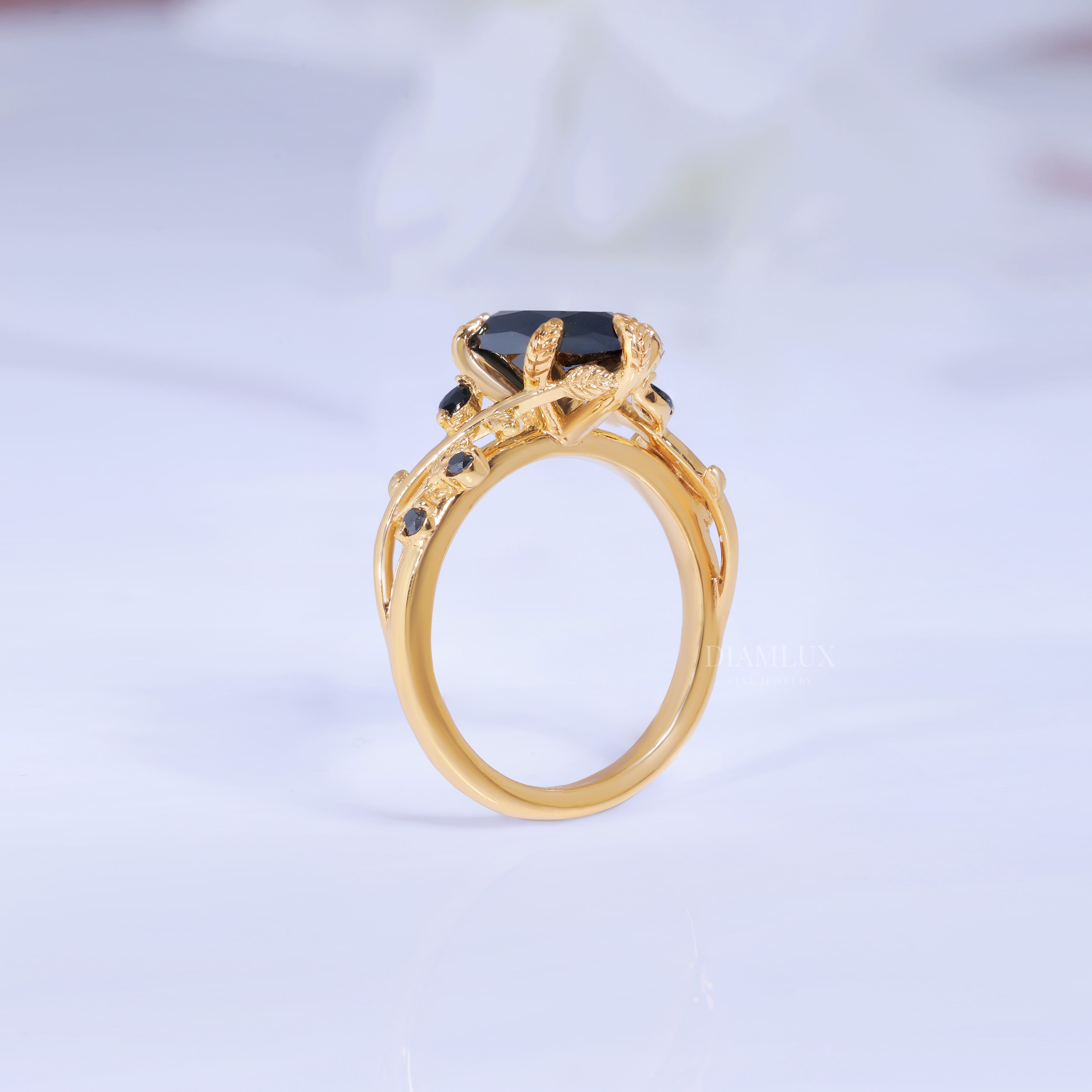 Midnight Blossom Marquise Black Gemstone Gold Ring Diamlux Fine Jewelry