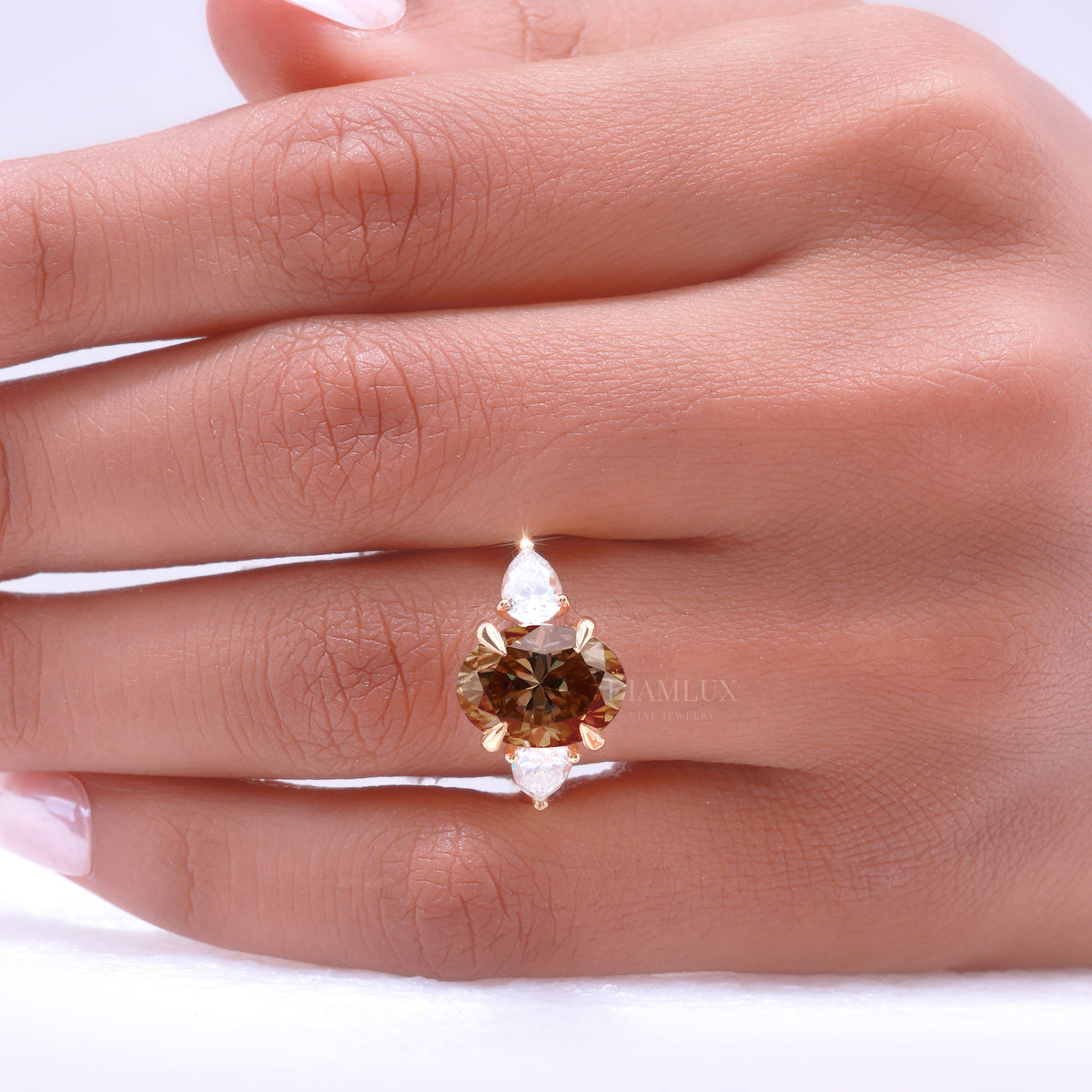 Yellow Gold Oval Brown Gemstone Three-Stone Ring Diamlux Fine Jewelry