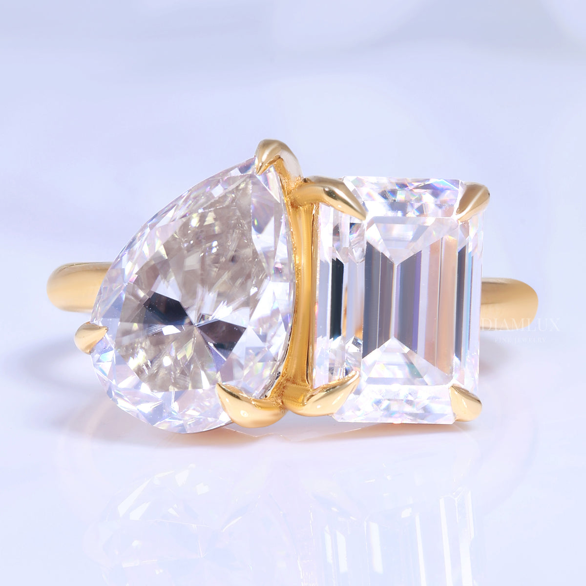 Yellow Gold Toi et Moi Ring with Pear and Radiant Cut Clear Gemstones Diamlux Fine Jewelry