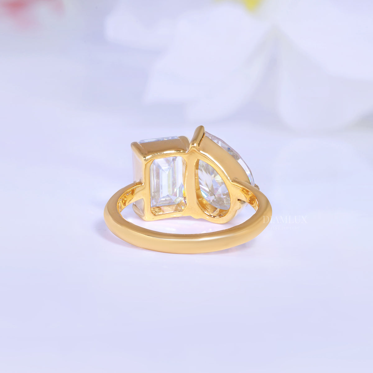 Yellow Gold Toi et Moi Ring with Pear and Radiant Cut Clear Gemstones Diamlux Fine Jewelry
