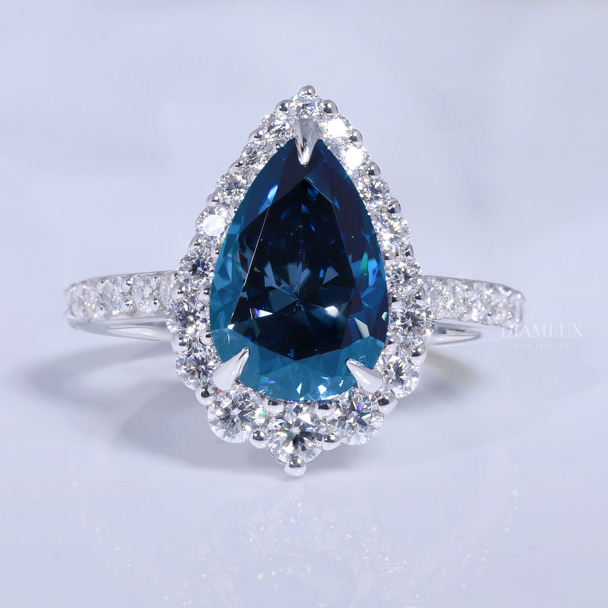 Pear Cut London Blue Topaz Halo Ring in 14K White Gold Diamlux Fine Jewelry