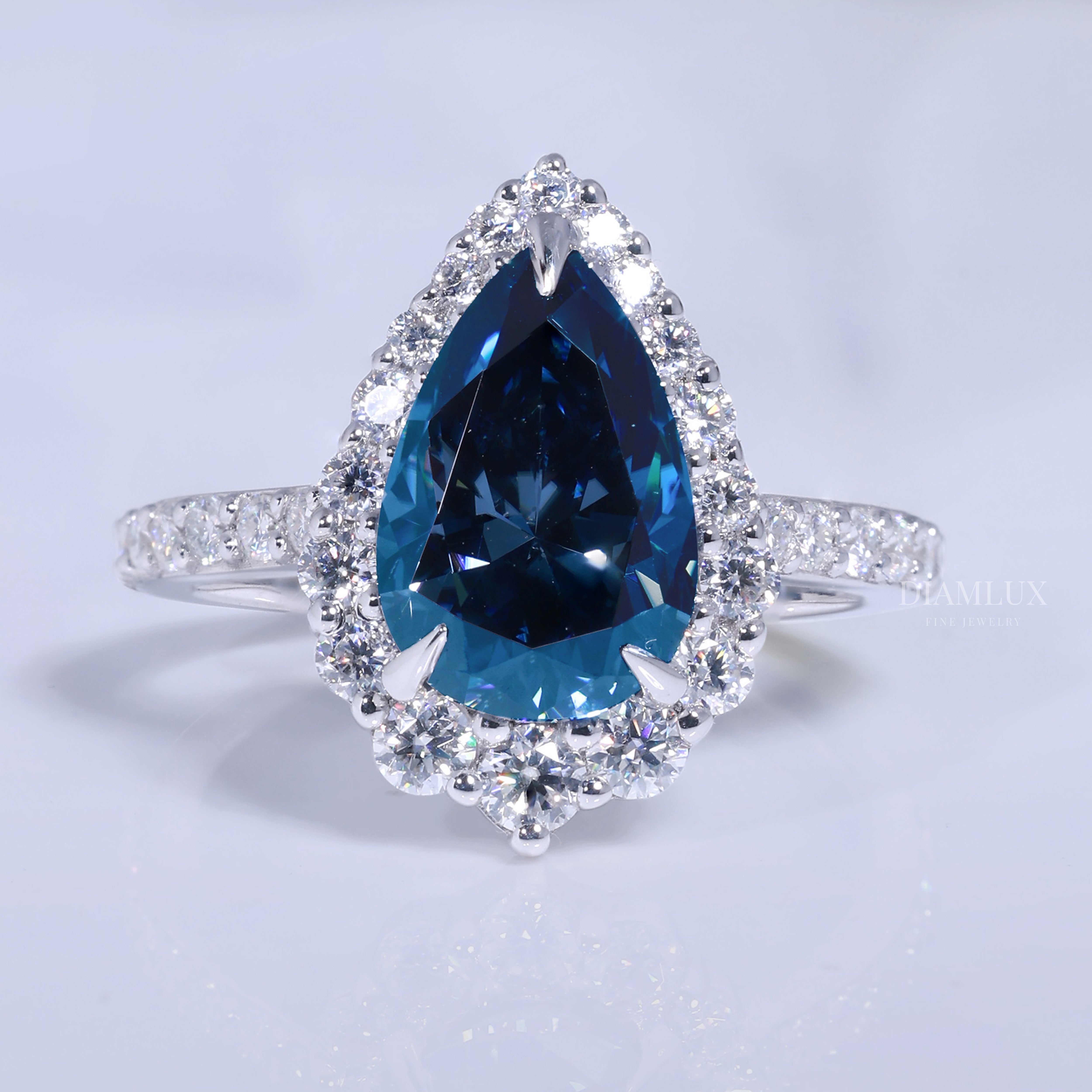 Pear Cut London Blue Topaz Halo Ring in 14K White Gold Diamlux Fine Jewelry