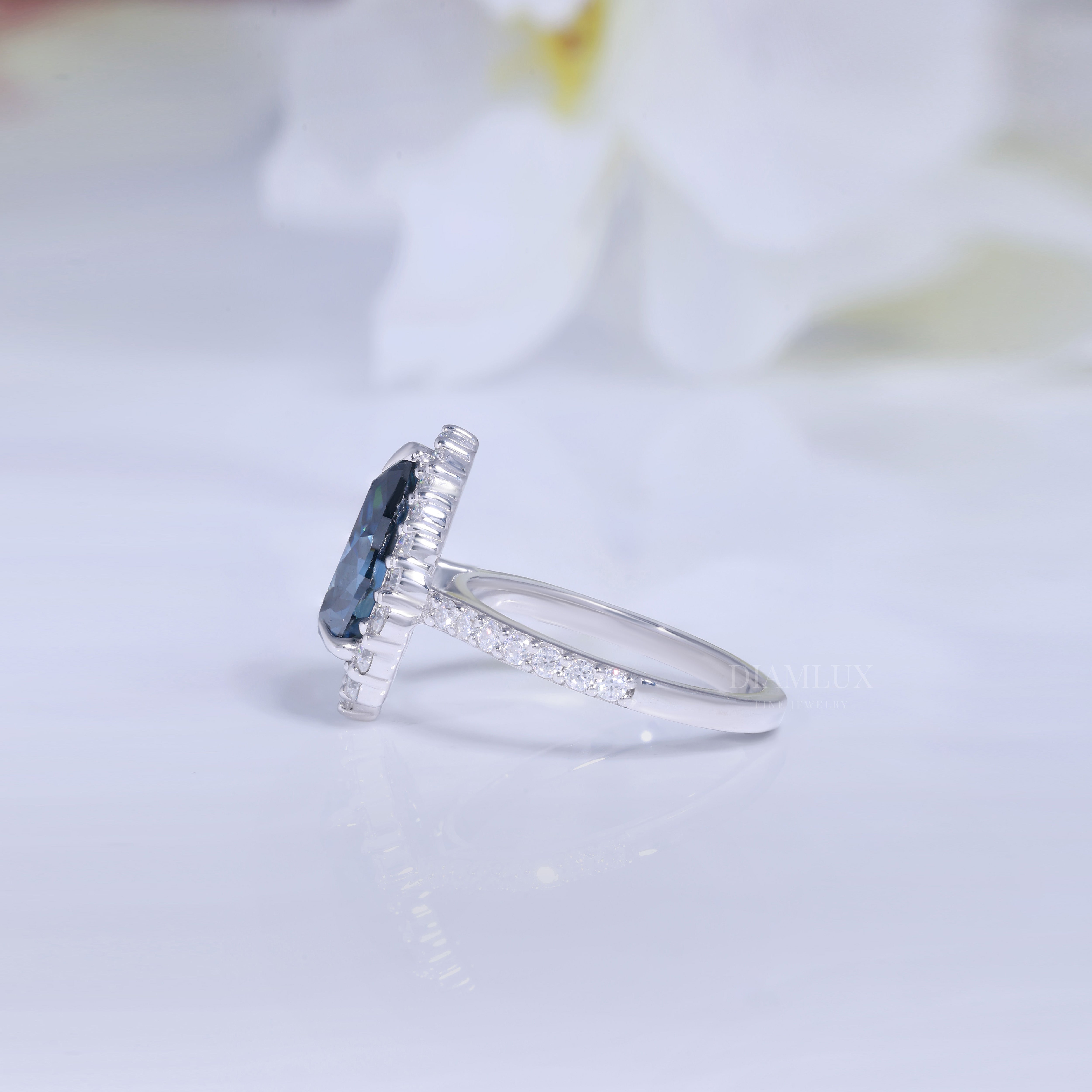 Pear Cut London Blue Topaz Halo Ring in 14K White Gold Diamlux Fine Jewelry