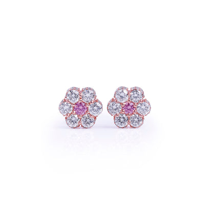 Pink Center Floral Diamond Stud Earrings in Rose Gold