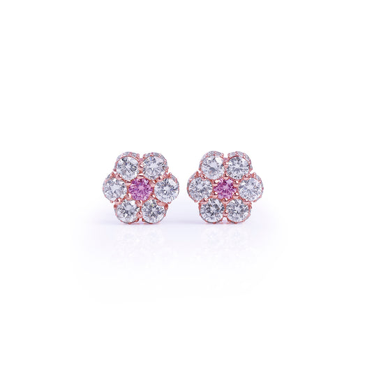 Pink Center Floral Diamond Stud Earrings in Rose Gold