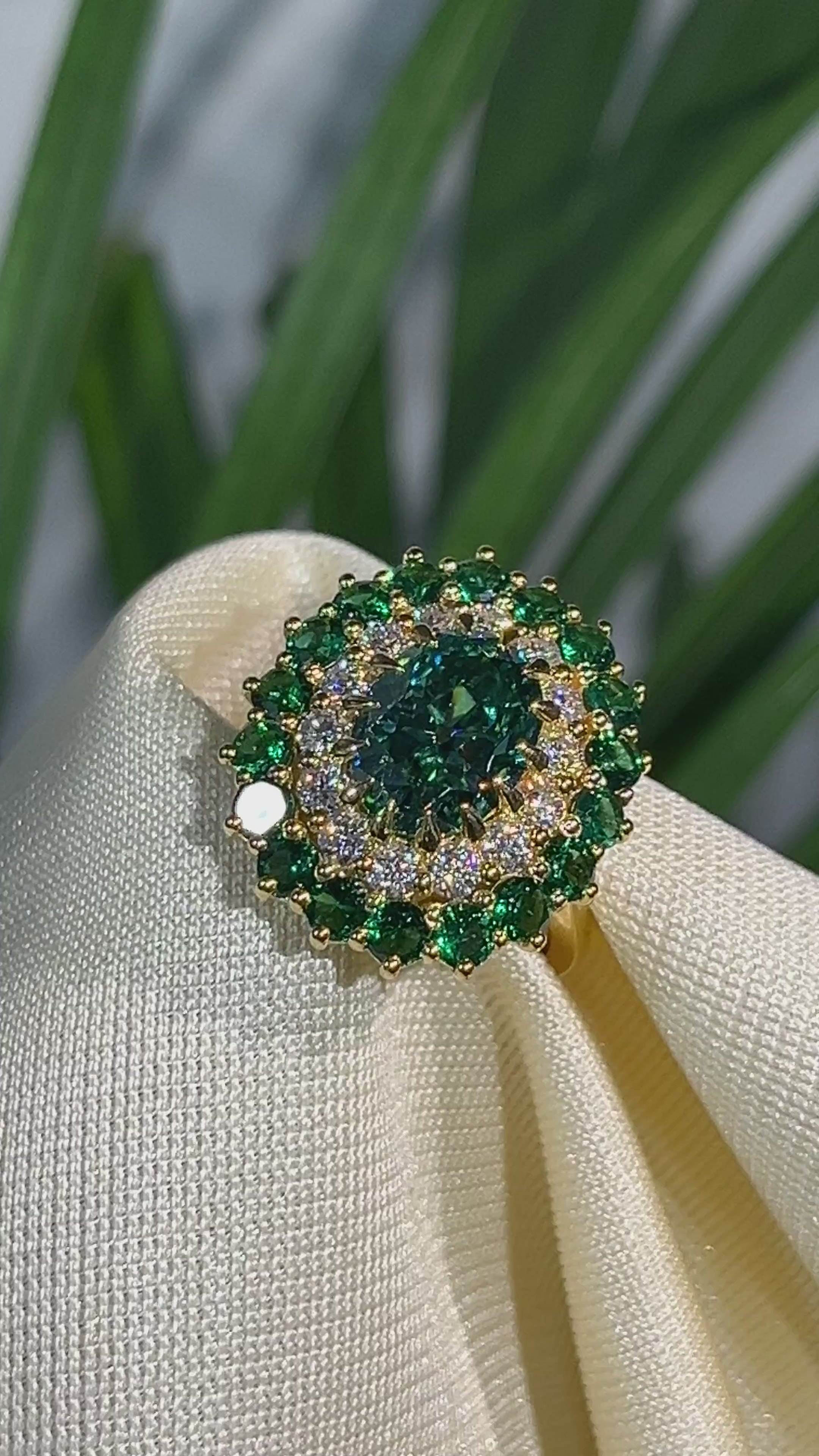 Emerald Green Crystal Cocktail Ring with Diamond Accents
